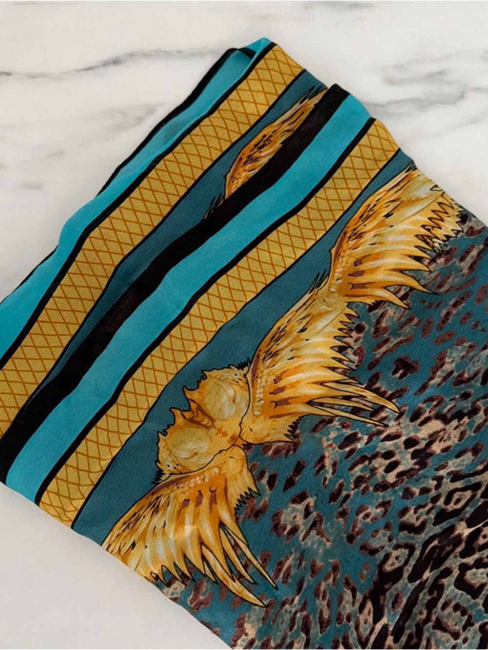 Vintage Silk Scarf Made In Italy Leopard Animal Print Turquoise Gold 66 X 25 - Picture 5 of 7